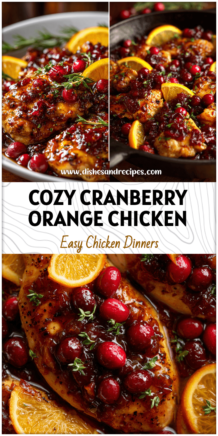 Golden chicken skillet topped with cranberries and orange slices for a savory cranberry orange dinner.